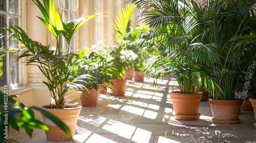 A series of potted tropical plants lined up on a bright, sunlit indoor patio