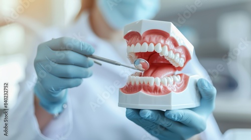 The dentist examining mouth