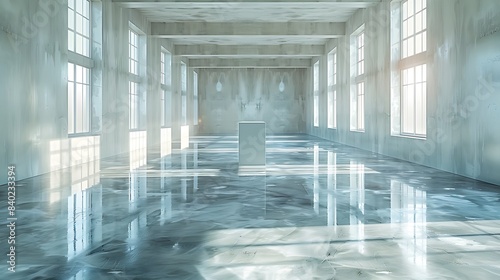 A mirrored podium in a dance studio  with reflections of light and space all around  centered with plenty of copy space.