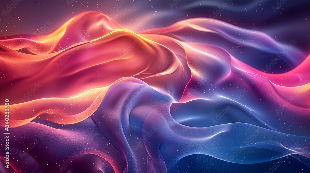 Obraz premium Abstract Flowing Liquid Waves with Glitter Sparkle Background Texture - Red Orange Blue Purple Gradient Color Scheme Backdrop Design - Digital Art 3D Render Illustration Wallpaper