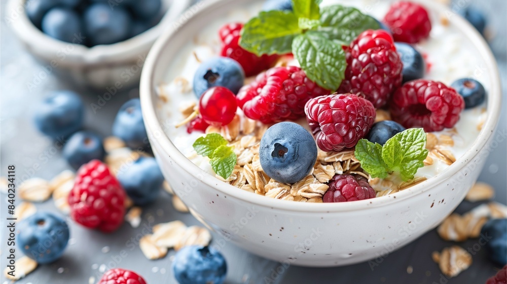 Start your day with a healthy breakfast which has yogurt ,oat , and topped with fresh berries Start your day with a healthy breakfast which has yogurt ,oat , and topped with fresh berries