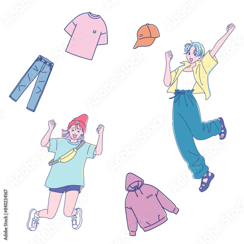 ファッション好きな女の子たちが、洋服と一緒にジャンプする