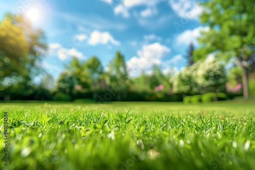 Green grass in focus against a blurred background of trees and blue sky