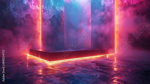A neon cube podium with glowing edges  placed in a futuristic environment with reflective surfaces and vibrant lighting  centered with ample copy space.