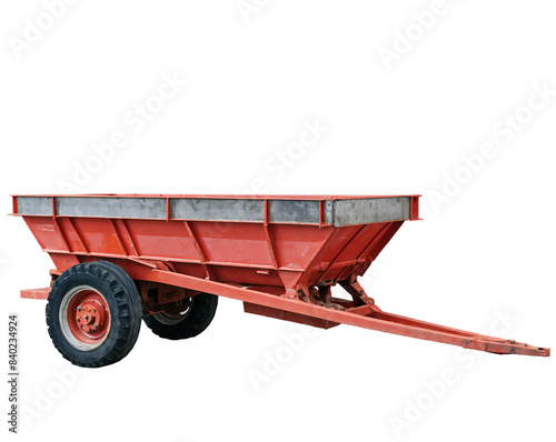 Red agricultural trailer with metallic gray surfaces, cleanly isolated on a white background, no visible brand