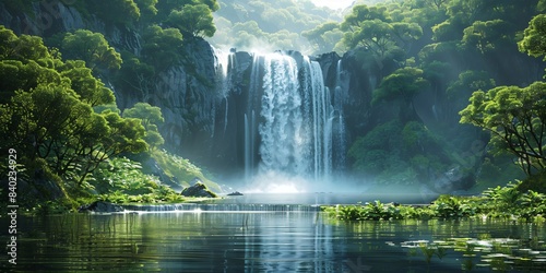 a fantastic waterfall in impressive green exotic nature with lake and mountains photo