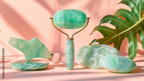 Advertising shot of facial massage tools set, featuring Green Aventurine, Rose Quartz Gua Sha mushrooms, jade roller, and stone, isolated background, studio lighting