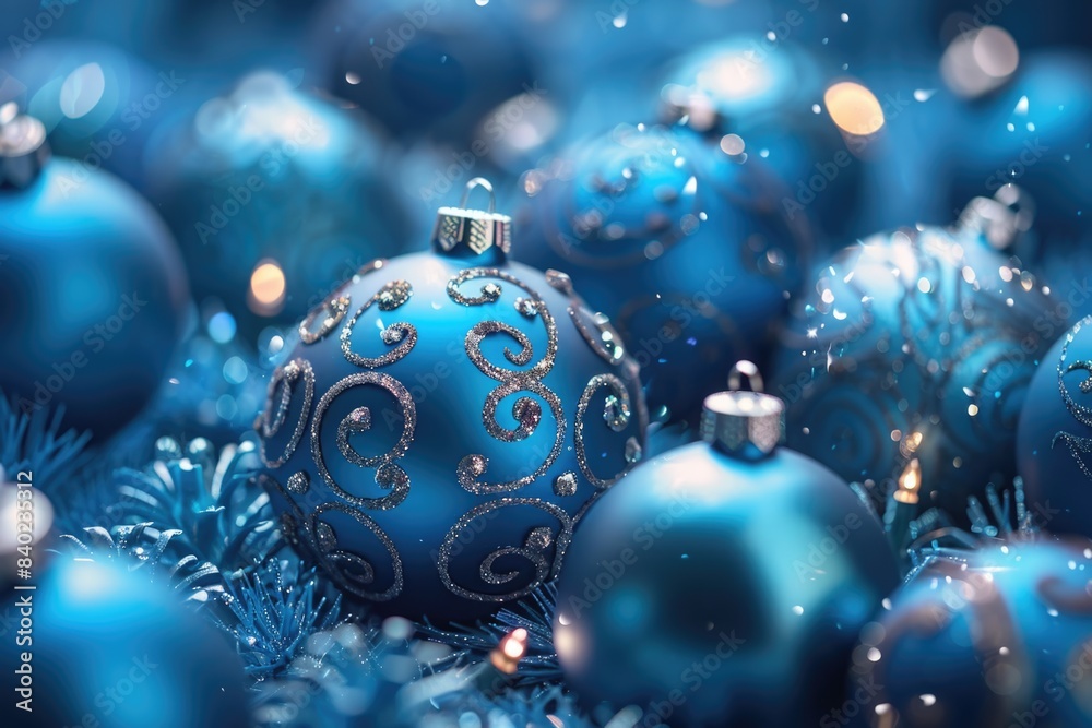 A close-up view of a bunch of blue Christmas ornaments A close-up view of a bunch of blue Christmas ornaments