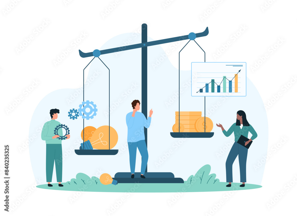 © Iconic Prototype - Money and idea balance, financial analysis of value and profit of project or purchase for investor. Tiny people weigh coins and light bulbs on seesaw scales, compare price cartoon vector illustration