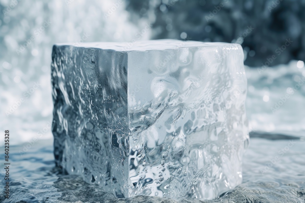 A block of ice sits atop a rocky outcropping, with natural scenery in the background A block of ice sits atop a rocky outcropping, with natural scenery in the background