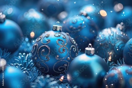 A close-up view of a bunch of blue Christmas ornaments