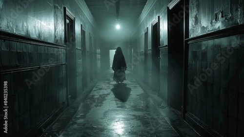 A silhouette of a ghost appearing at the end of a dark, deserted hallway