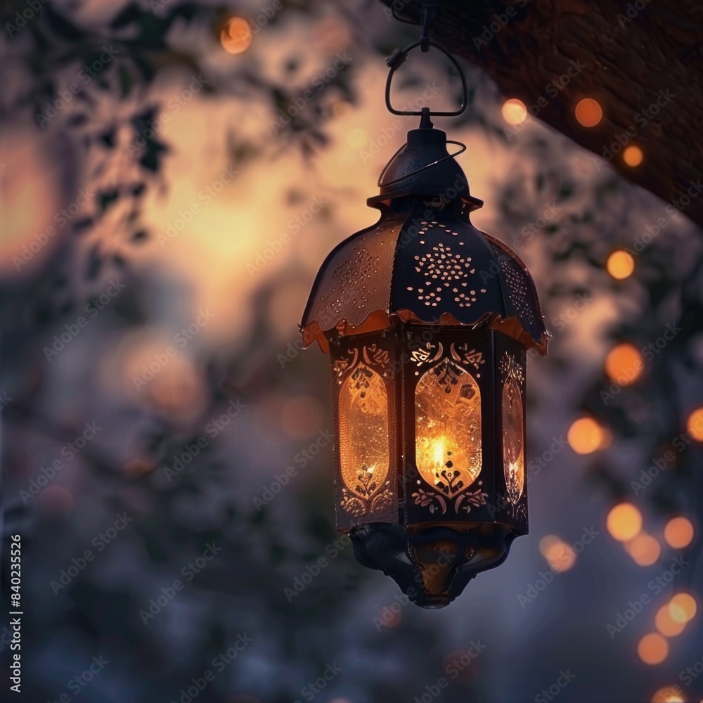 A lantern hangs from a tree branch, surrounded by soft, warm lighting A lantern hangs from a tree branch, surrounded by soft, warm lighting