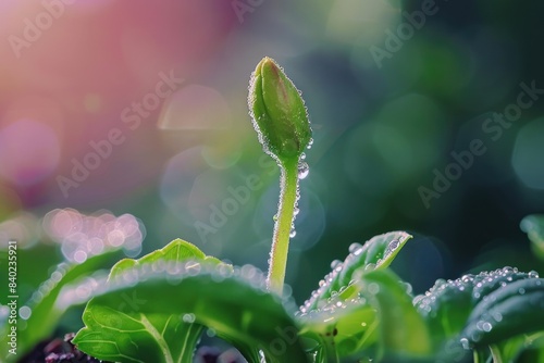 A close-up shot of a plant with water droplets glistening on its leaves, great for use in nature and science related contexts photo