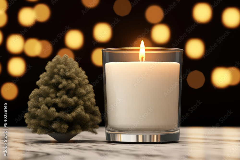 A small Christmas tree with a candle on a table, perfect for indoor decorations or gift ideas A small Christmas tree with a candle on a table, perfect for indoor decorations or gift ideas
