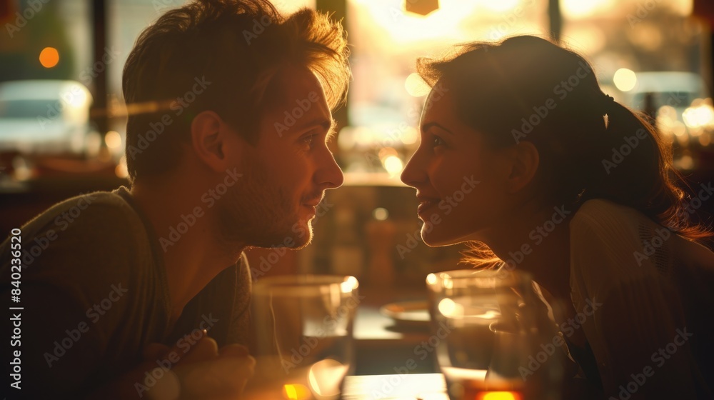 A pair of people having a conversation or sharing a meal at a table A pair of people having a conversation or sharing a meal at a table