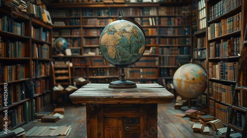 A rustic wooden podium in an old library, with shelves of classic books and a vintage globe nearby, positioned centrally with plenty of copy space.