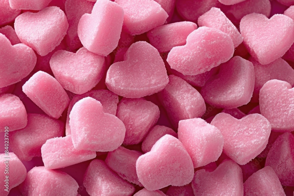 A close-up view of a pile of pink sugared hearts, perfect for romantic or celebratory scenes A close-up view of a pile of pink sugared hearts, perfect for romantic or celebratory scenes