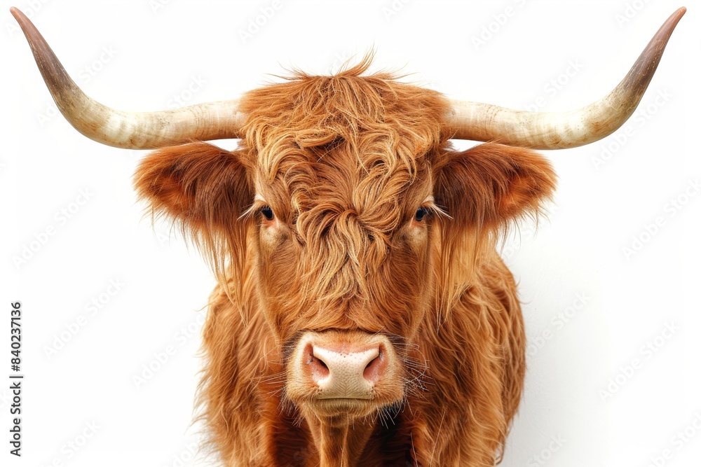 Majestic highland cow with long horns and red fur Majestic highland cow with long horns and red fur