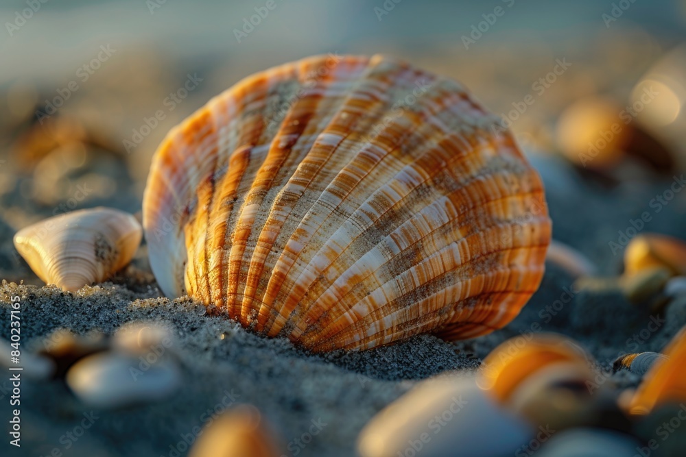 Close-up shot of a shell on a sandy beach Close-up shot of a shell on a sandy beach