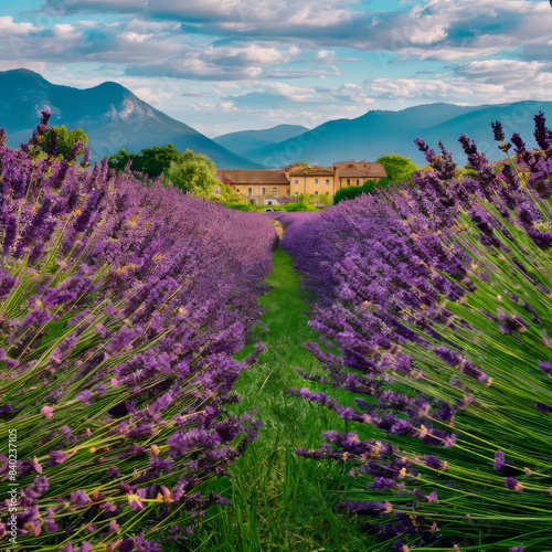 llavender field in full bloom, surrounded by towering mountains and clear blue skies photo