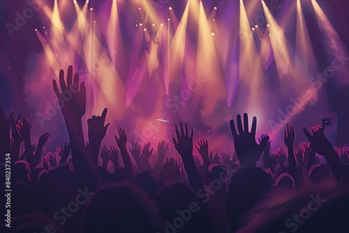 A crowd of people are cheering and waving their arms in the air at a concert