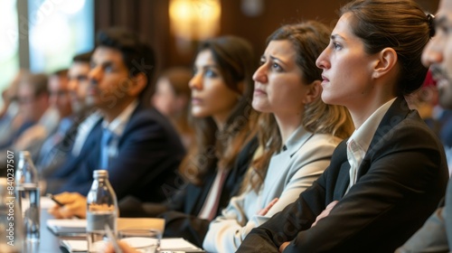 A group of business professionals listen intently to a speaker at a conference.