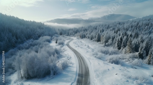 Aerial view of a road surrounded by snow-covered trees