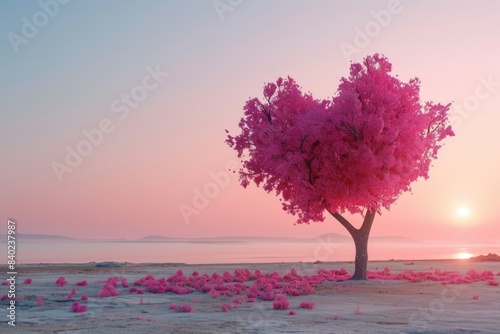 A single pink tree standing tall in a green field with no surrounding trees or structures