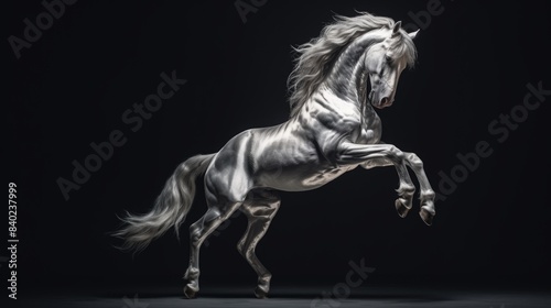 A majestic white horse is seen in a dynamic pose, jumping high into the air with its mane flowing freely
