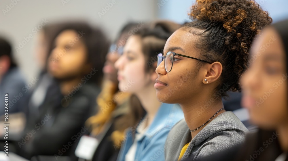 A young woman in glasses sits in a classroom, listening intently to a lecture. She is part of a group of students who are all paying close attention. A young woman in glasses sits in a classroom, listening intently to a lecture. She is part of a group of students who are all paying close attention.