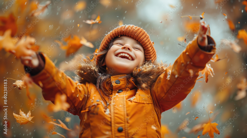 Happy child in autumn enjoying falling leaves. Happy child in autumn enjoying falling leaves.
