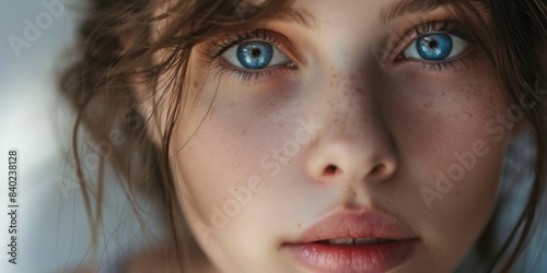 Close-up portrait of a woman with bright blue eyes, looking directly at the camera