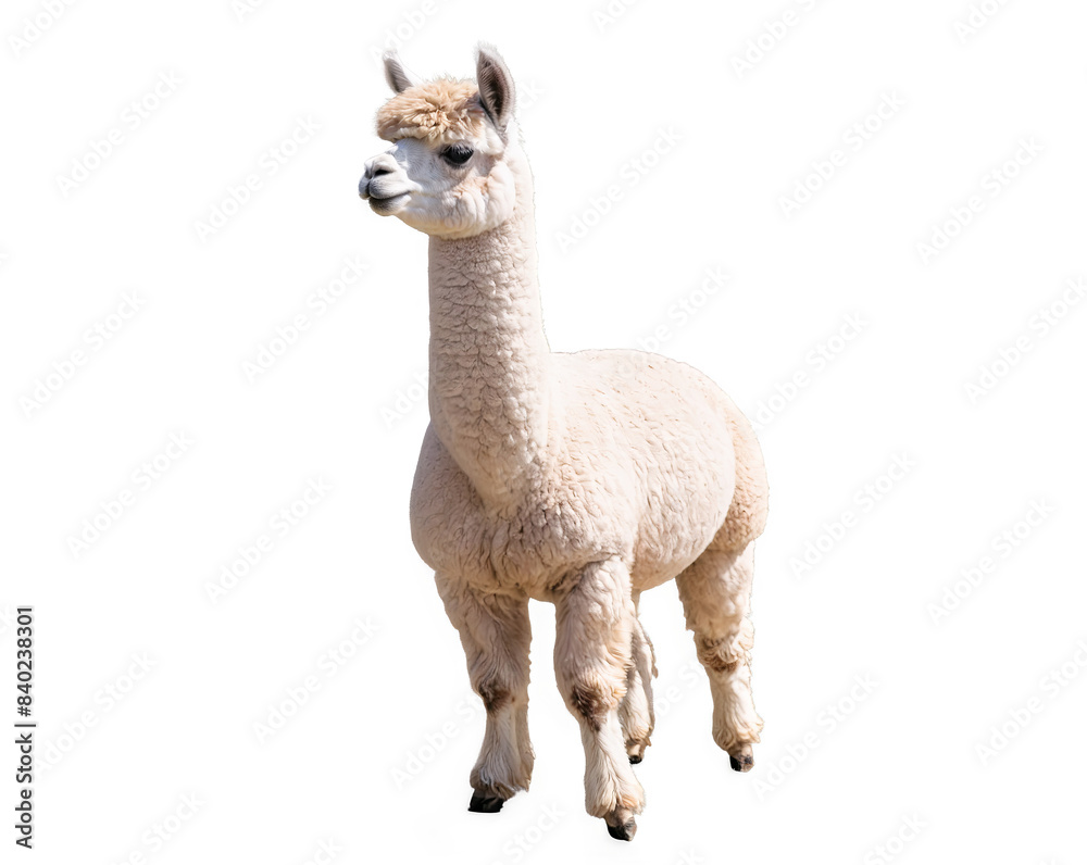 Obraz premium An adorable beige alpaca with a soft woolly coat stands isolated against a white background displaying its cute appearance