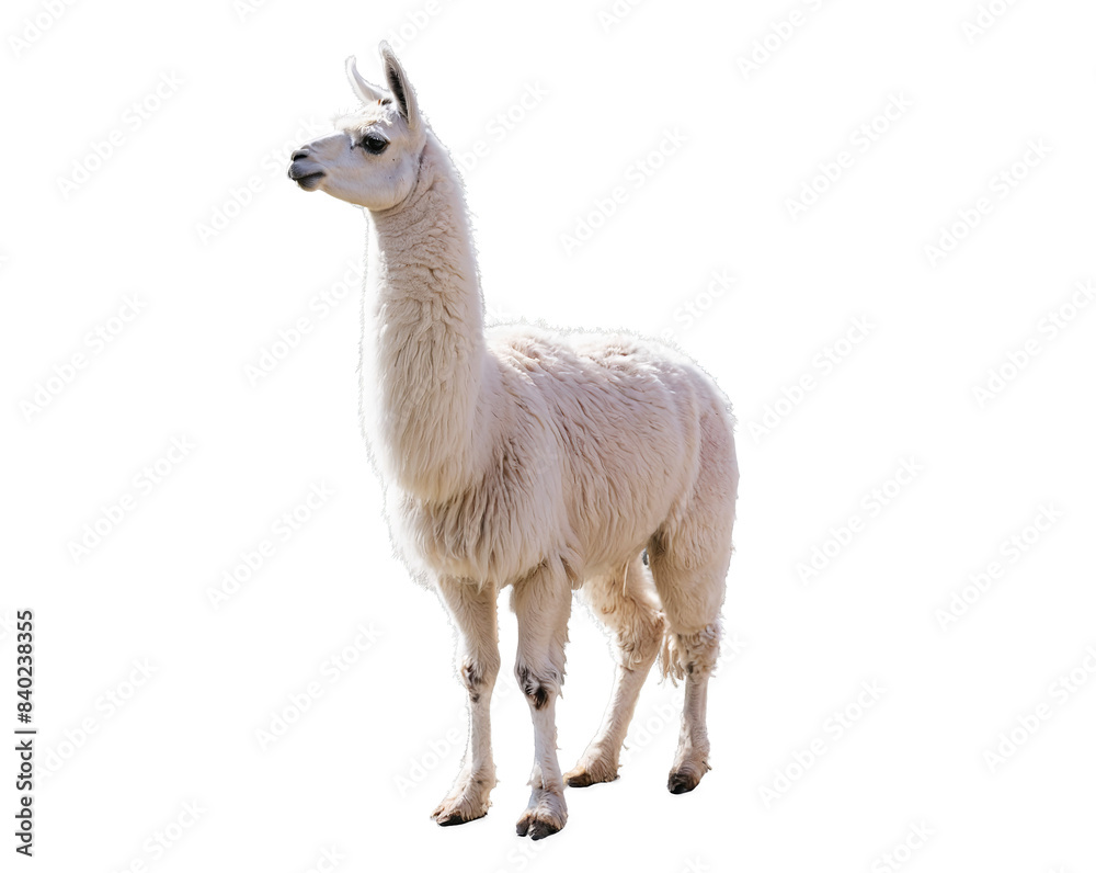 A white llama with a thick, fluffy fur standing isolated on a white background exuding elegance and calmness A white llama with a thick, fluffy fur standing isolated on a white background exuding elegance and calmness