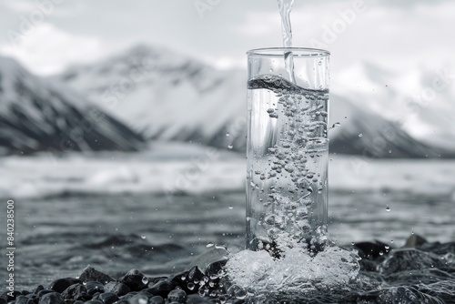 A glass filled with water sitting on top of a rocky beach, suitable for use in still life photography or as a prop for coastal-themed images