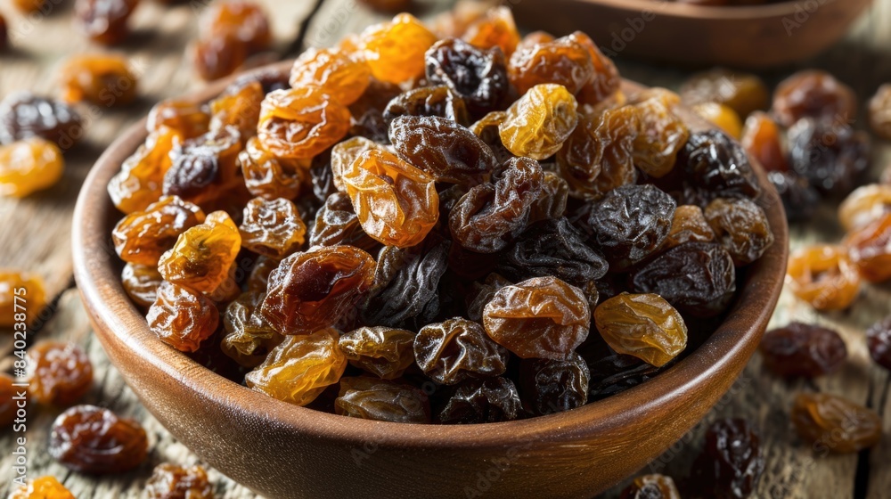 Fototapeta premium A wooden bowl filled with raisins placed on top of a wooden table