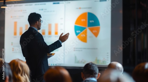 Obraz na płótnie A businessman is presenting data and graphs to a group of people during a meeting. w salonie