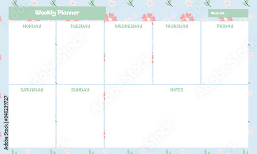 Cute kawaii weekly planner with blue floral background