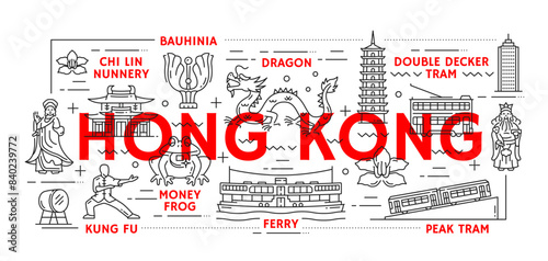 Hong Kong travel. Vector cultural and architectural landmark line icons. Chi lin nunnery, dragon, bauhinia, double-decker and peak trams, ferry, money frog, kung fu signs in red and black linear style