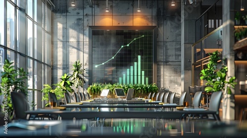 Vibrant Growth Hologram Illuminates Collaborative Corporate Workspace with Data Driven Strategy