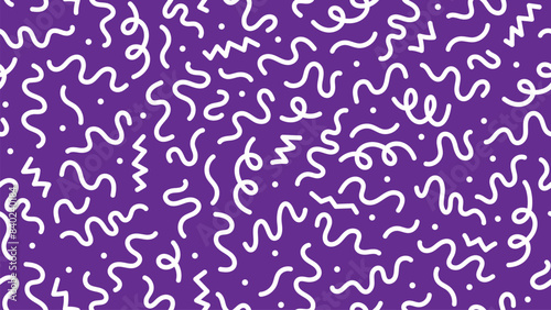 White purple squiggle line pattern. Abstract vector background with dynamic arrangement of chaotic scribbles, doodles, curls, twists, zigzags, swirls, and loops. Wallpaper, textile print or backdrop