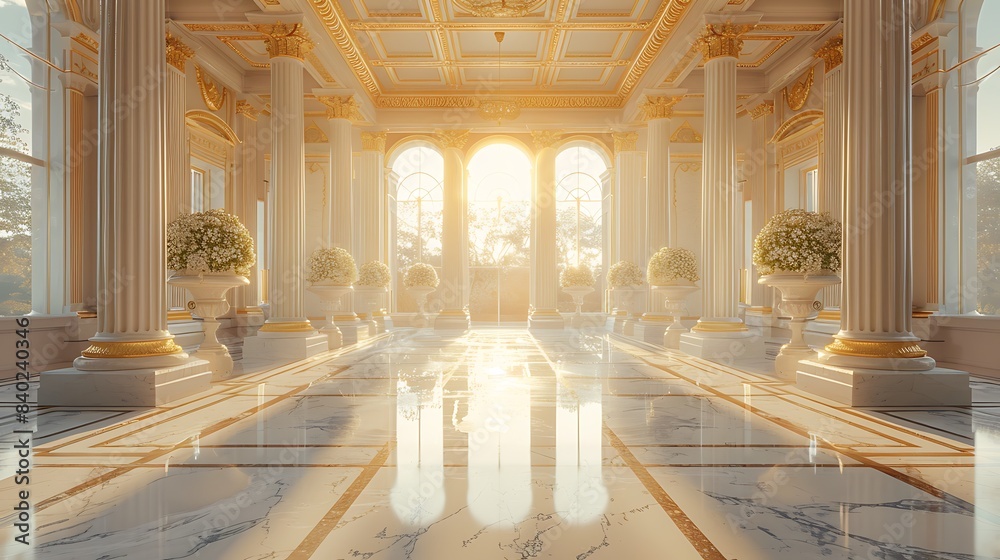 Obraz premium A stately marble podium in a museum-like environment, with classical columns and soft, warm lighting, centered with extensive copy space.