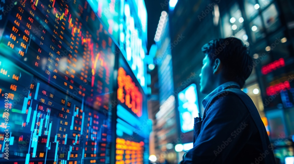 A man stands in front of a wall of large screens displaying stock market data in a bustling city at night. A man stands in front of a wall of large screens displaying stock market data in a bustling city at night.