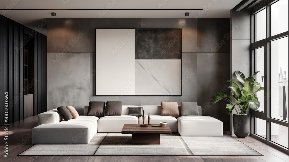 Fototapeta premium Contemporary Living Room with Modern Abstract Art and Floor-to-Ceiling Windows