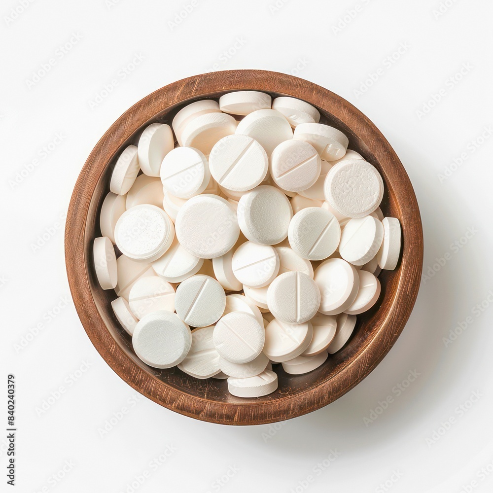 Bowl with white pills isolated on white background, top view. Bowl with white pills isolated on white background, top view.
