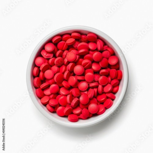 Bowl with red pills isolated on white background, top view.