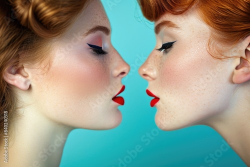 Two females with bright red lip color, ideal for beauty or lifestyle photography © vefimov