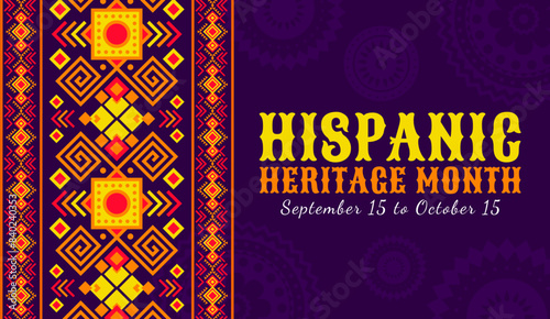 Hispanic heritage month banner with ethnic ornament pattern for Latin America holiday, vector background. Hispanic Americans ethnic tradition heritage of handicraft art and folk culture festival