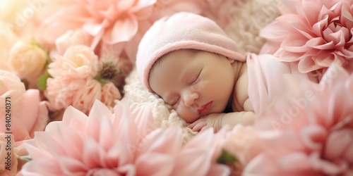 A tiny baby resting peacefully amidst a beautiful arrangement of pink flowers